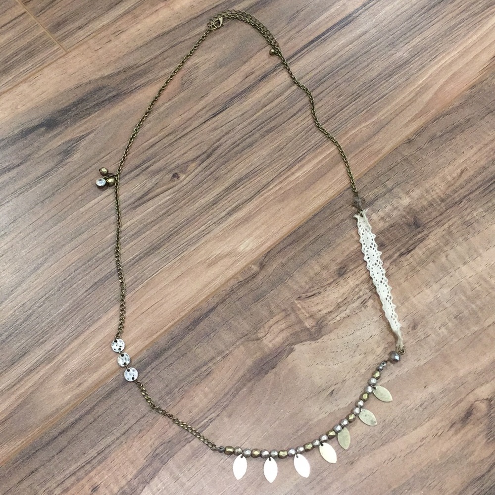Boho gold, silver, lace necklace.
